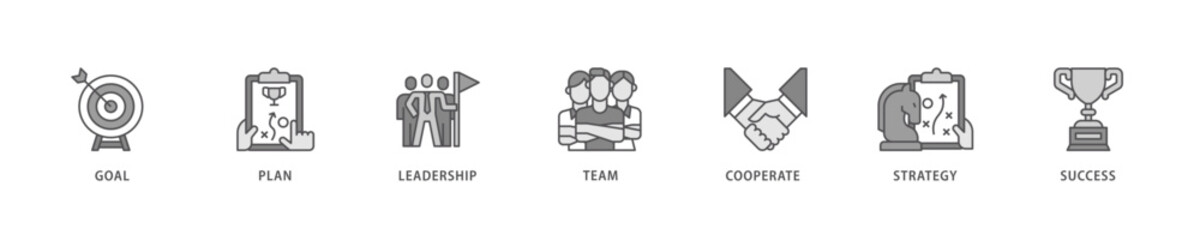 Mission icon set flow process which consists of goal, plan, leadership, team, cooperate, strategy and success icon live stroke and easy to edit .