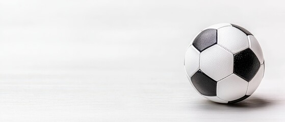 A close-up of a classic black and white soccer ball, showcasing its iconic design on a subtle background.