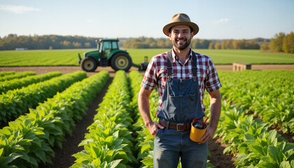 Fototapeta premium Smiling farmer holding tools in tobacco field with tractor background