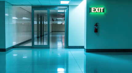 glowing green exit sign illuminates hallway with polished floors, creating calm atmosphere. glass door reflects light, enhancing serene environment