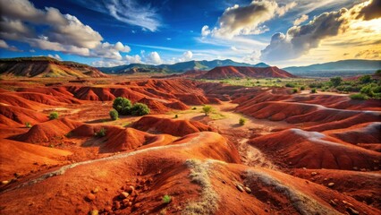 Ancient red earth landscape with rocky terrain and sunlit hills, red soil, earthy tones