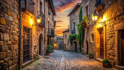 Fototapeta premium Narrow cobblestone street lined with ancient stone buildings and rustic lanterns at sunset, historical architecture, cobblestone road