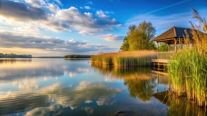 Obraz premium Serene lake shore at Ruhiges Seeufer am Scharm?tzelsee in Brandenburg with reeds and a covered sky, serene lake, scharm?tzelsee