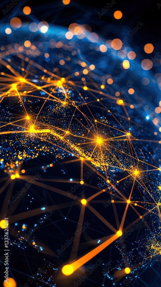 Aufkleber abstract digital visualization of global network connections and data flow in blue and orange