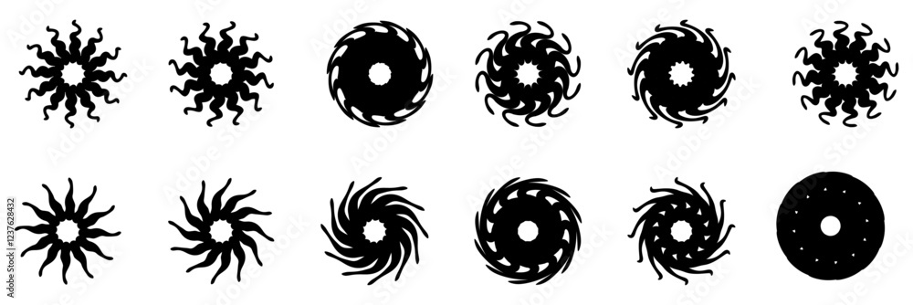 Poster spiral and swirl motion twisting circles design element set. round black design elements. vector ill