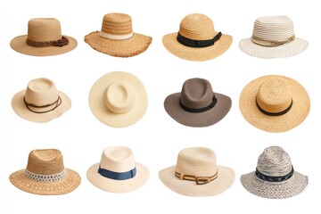 Straw hats collection, summer fashion, white background, apparel catalog
