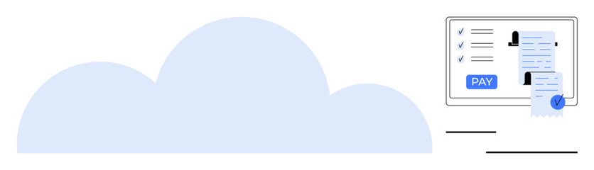 Computer screen displaying invoice details, user profile icons, and a PAY button, next to a large cloud icon. Ideal for online payments, billing systems, cloud computing, user authentication