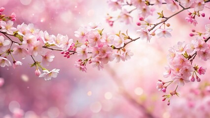 A blooming cherry blossom tree against a soft pastel pink and white background with delicate flowers and branches, trees