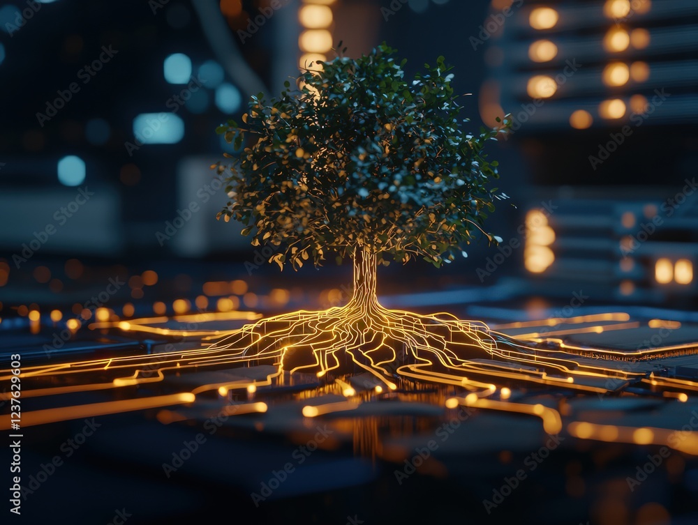 Poster glowing tree with digital roots on circuit board representing innovation and growth
