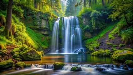 A serene waterfall cascades down a moss-covered rock face in a dense forest surrounded by tall trees and exotic greenery, peaceful atmosphere, tranquility