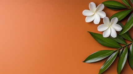Fototapeta premium A serene arrangement of white flowers and green leaves against a warm, earthy background, perfect for relaxation themes.