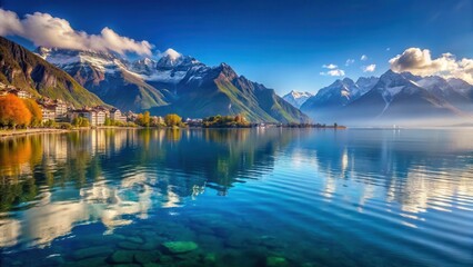 Fototapeta premium A breathtaking view of the majestic Geneva Lake with surrounding mountains in the background, reflecting off the lake's surface with a subtle ripple , montreux riviera, geneva