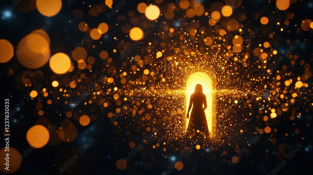 Aufkleber silhouette of a figure illuminated by golden light with sparkling bokeh in dark background