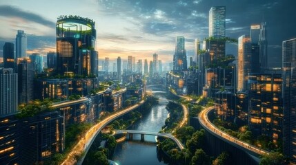 Fototapeta premium A concept image of a futuristic city powered by green technology