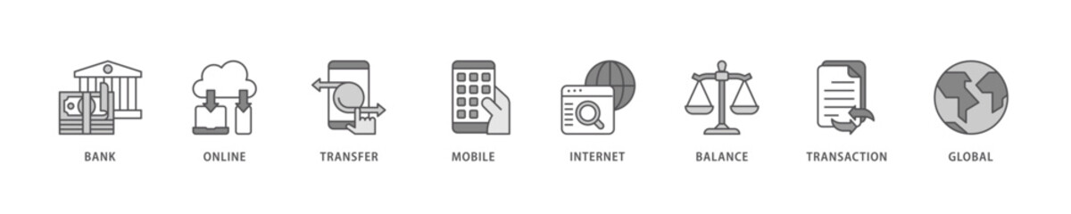 Online banking icon set flow process which consists of account, online payment, transfer funds, mobile banking, internet banking, balance check icon live stroke and easy to edit .