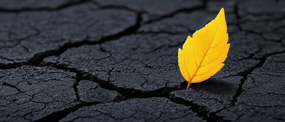 A solitary yellow leaf rests on cracked, dry soil, symbolizing resilience in harsh conditions of nature.