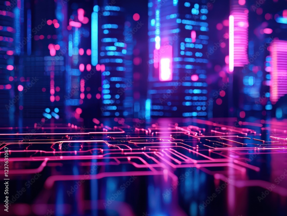 Poster futuristic digital cityscape with neon lights and abstract circuit patterns
