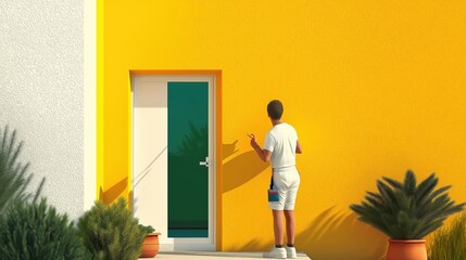 Painter painting the the wall with yellow color using roller brush with copy space for text