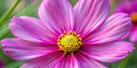 Fototapeta premium Close-up shot of Cosmos flower blossom, highlighting its intricate details and vibrant colors, with a subtle focus on the golden center, pink petals, flower detail shot