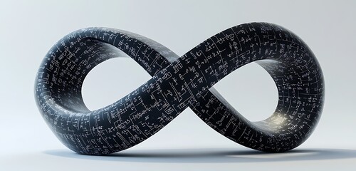 Realistic visualization of a M??bius strip with mathematical notations, isolated