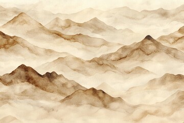 A watercolor seamless pattern depicting mountainous terrain in shades of brown and beige, with soft gradients and fine lines for an elegant touch