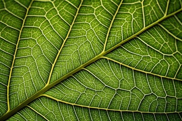 Obraz premium Macro closeup of a vibrant green leaf reveals its intricate texture and delicate vein pattern