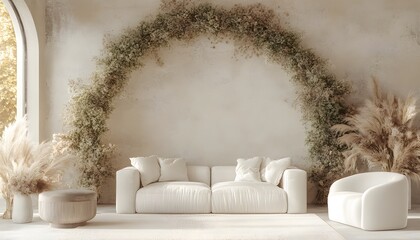 Elegant Minimalist Living Room With Floral Archway