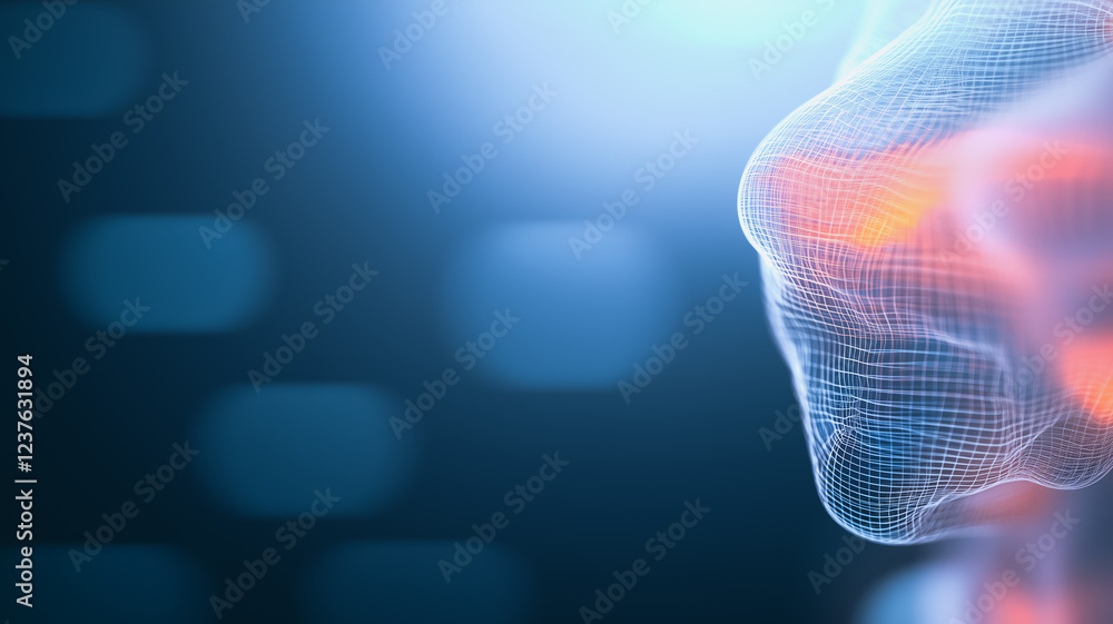 Poster digital identity: a wireframe rendering of a human face, glowing with vibrant hues against a futuris