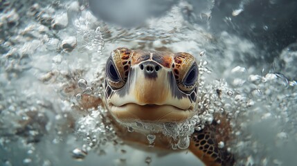 Obraz premium Close-up the face of a sea turtle that has just jumped into the water
