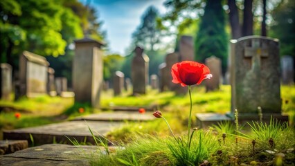 Obraz premium A solitary red poppy blooms in a neglected cemetery, its delicate petals swaying gently in the breeze, surrounded by crumbling headstones and overgrown grass, growth, decay