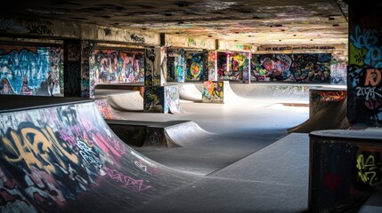 An urban skate park with ramps and graffiti-covered walls, Skate park scene, Urban street style