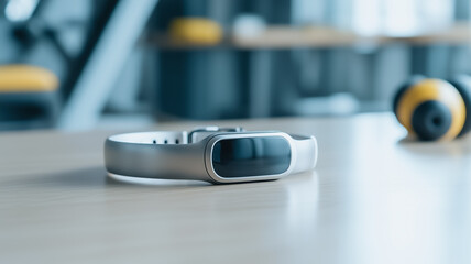 Fitness Tracker on Table: A sleek, silver fitness tracker rests on a light wood surface in a gym setting, suggesting health, wellness, and modern technology. The background is softly blurred.