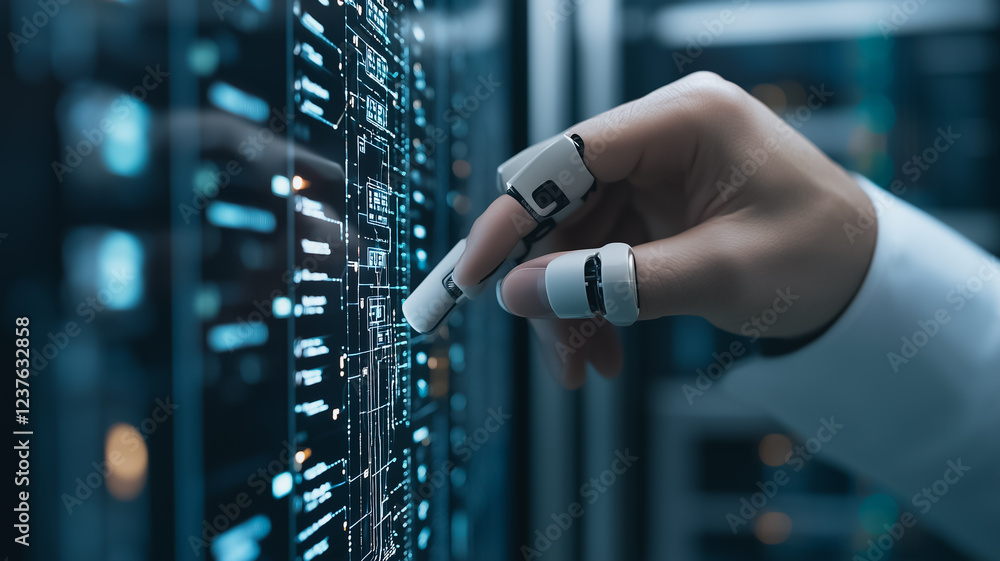 Poster cybernetic connection: a close-up shot of a robotic finger gently pressing a button on a server rack