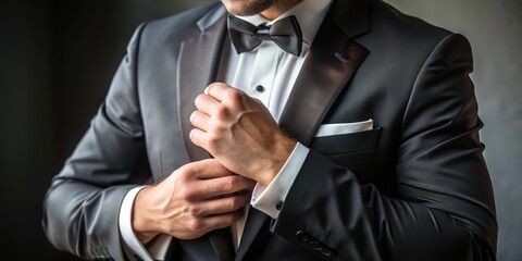 Groom adjusting cufflinks on his formal sleeve, black tie event, grooming, black tie event,grooming