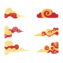 Set of Golden Red Wavy Chinese Japanese Cloud Ornament Decoration