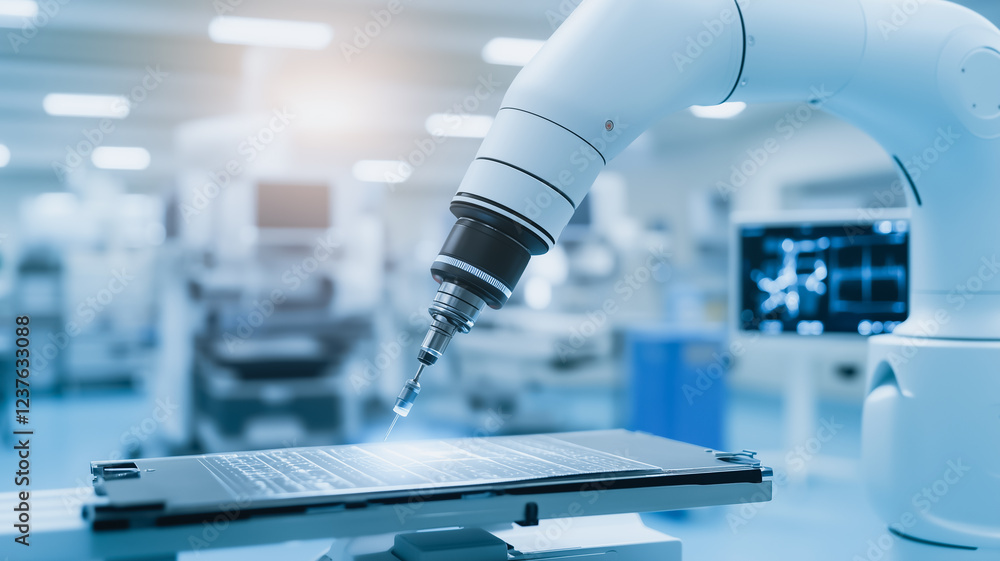 Poster precision robotics: a robotic arm, sleek and futuristic, operates with intricate precision in a mode