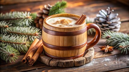 Warm eggnog in a wooden mug on a frosty morn, cinnamon, coffee
