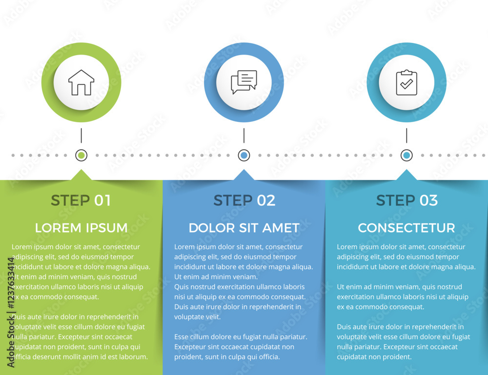 Aufkleber row of three rectangular elements for your text and circles for your icons, three steps of a process