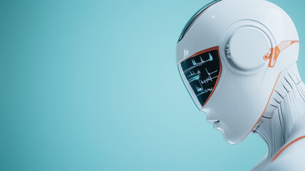 AI Robot Profile: A sleek, white humanoid robot with orange accents and a futuristic visor subtly displays data on its face.