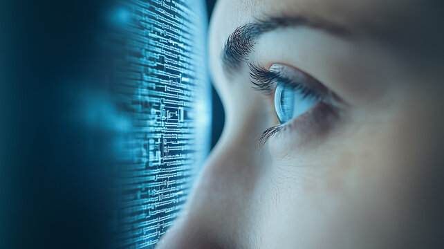Digital Gaze:  A close-up of a woman's blue eye looking intently at a screen filled with digital code, reflecting the ever-evolving world of technology.