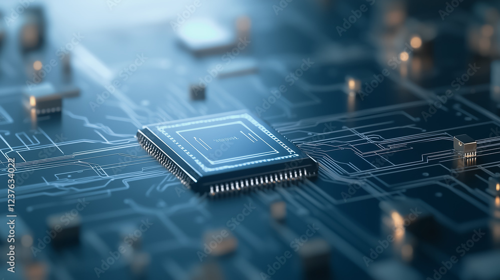 Poster microchip power: a close-up shot of a gleaming microchip processor, its intricate circuitry illumina