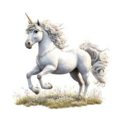 Fototapeta premium Fluffy 3D Cartoon Unicorn Running Through the Grass Isolated on Transparent Background
