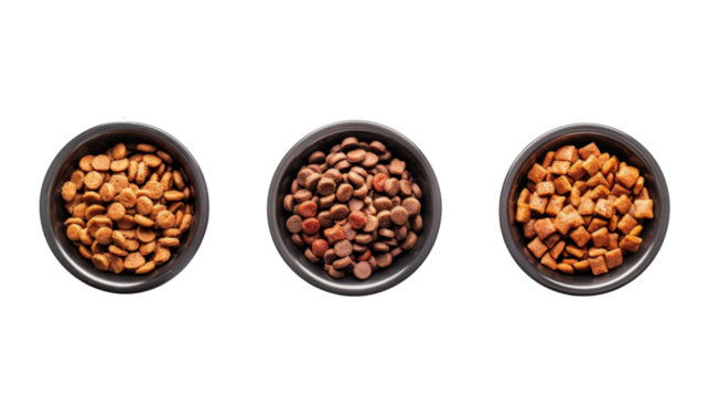 Three bowls filled with different types of dry pet food on transparent background