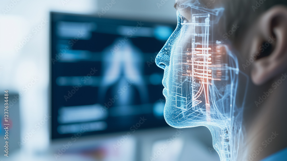 Poster digital anatomy: a profile view of a person with a superimposed digital overlay showcasing intricate