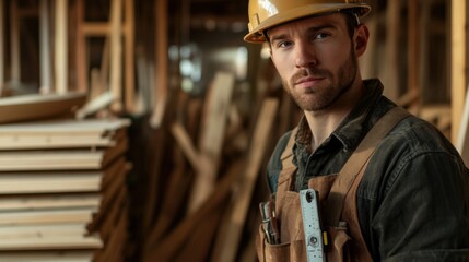 Close-up of a construction carpenter in a brown hard hat and tool belt, measuring wood with a caliper and looking at the camera, with a backdrop of wooden planks and carpentry tools