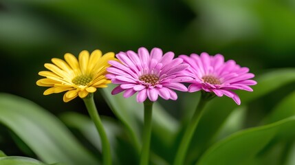Fototapeta premium A vibrant trio of colorful daisies blooms vividly against lush green foliage, showcasing nature's beauty and liveliness.