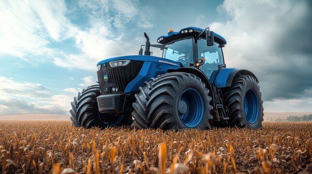 Powerful blue tractor in harvested field, sunset sky