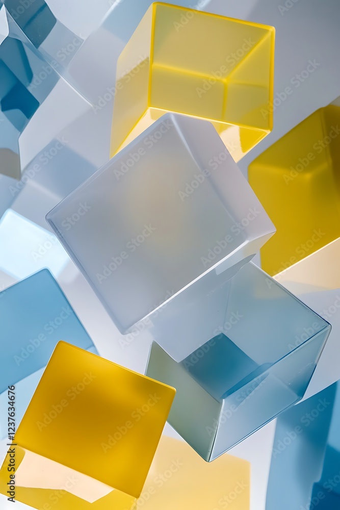 Poster abstract geometric background with digital cubes in yellow, blue, and light gray creating a modern 3
