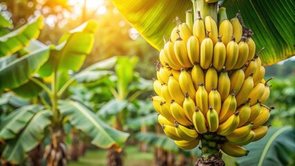 Naklejka premium Mature yellow bananas ripening on a lush green stem in a tropical orchard, tree, plant, tree, plant, orchard