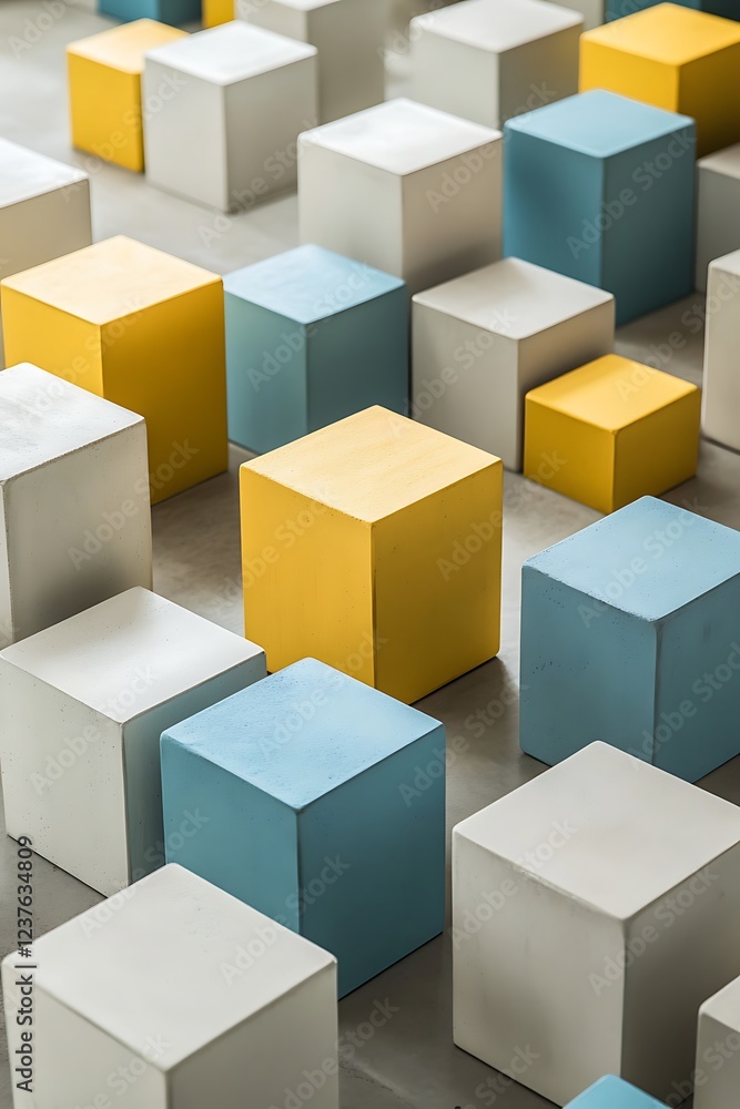 Poster abstract geometric background with digital cubes in yellow, blue, and light gray creating a modern 3